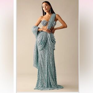 Deme by Gabriella Blue Net Sequins Pre-Pleated Saree Set